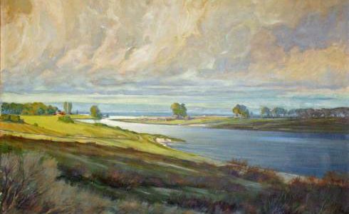 Gemälde von Ernst Meurer (1883 – 1956). Flußlandschaft, Öl auf Leinwand, 120 x 95 cm, signiert, ca. 1943